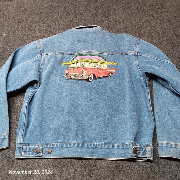 Vintage Car Embroidered Denim Bomber Jacket - Picture 1 of 7